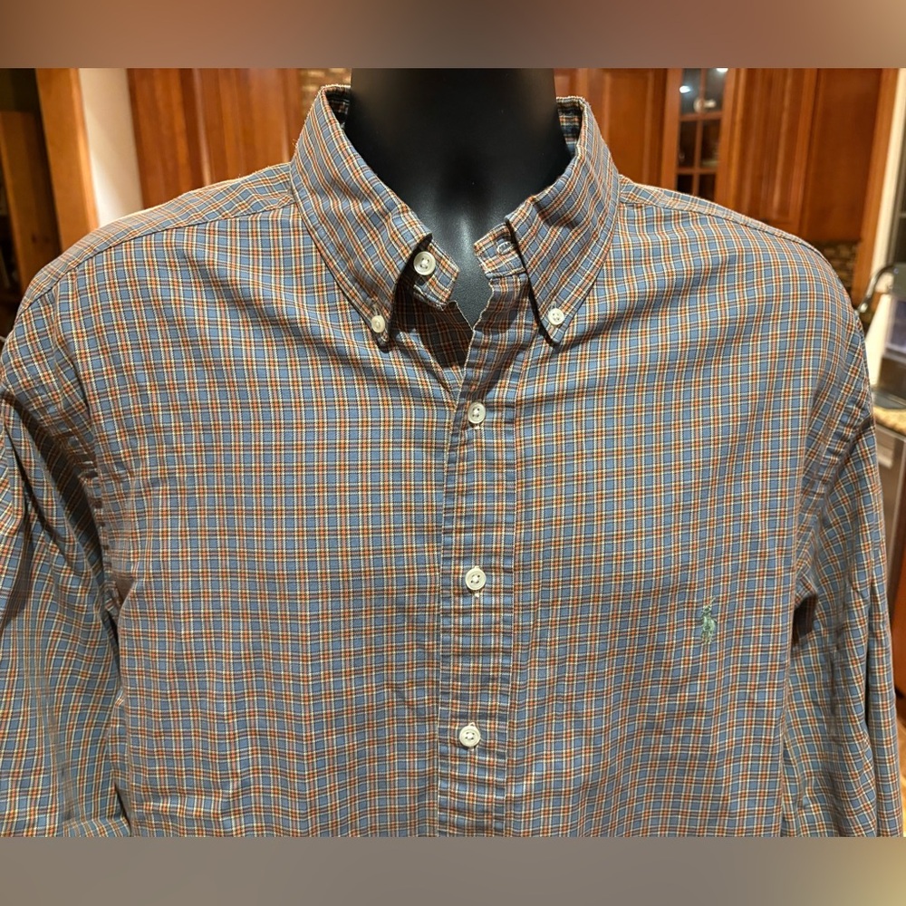 Ralph Lauren Men's button front shirt. Sharp Blue & Orange Plaid with logo.